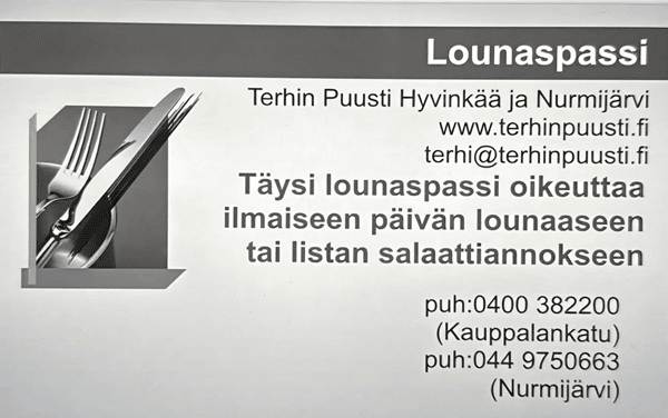 Lounaspassi Terhin Puusti Hyvinkää ja Nurmijärvi