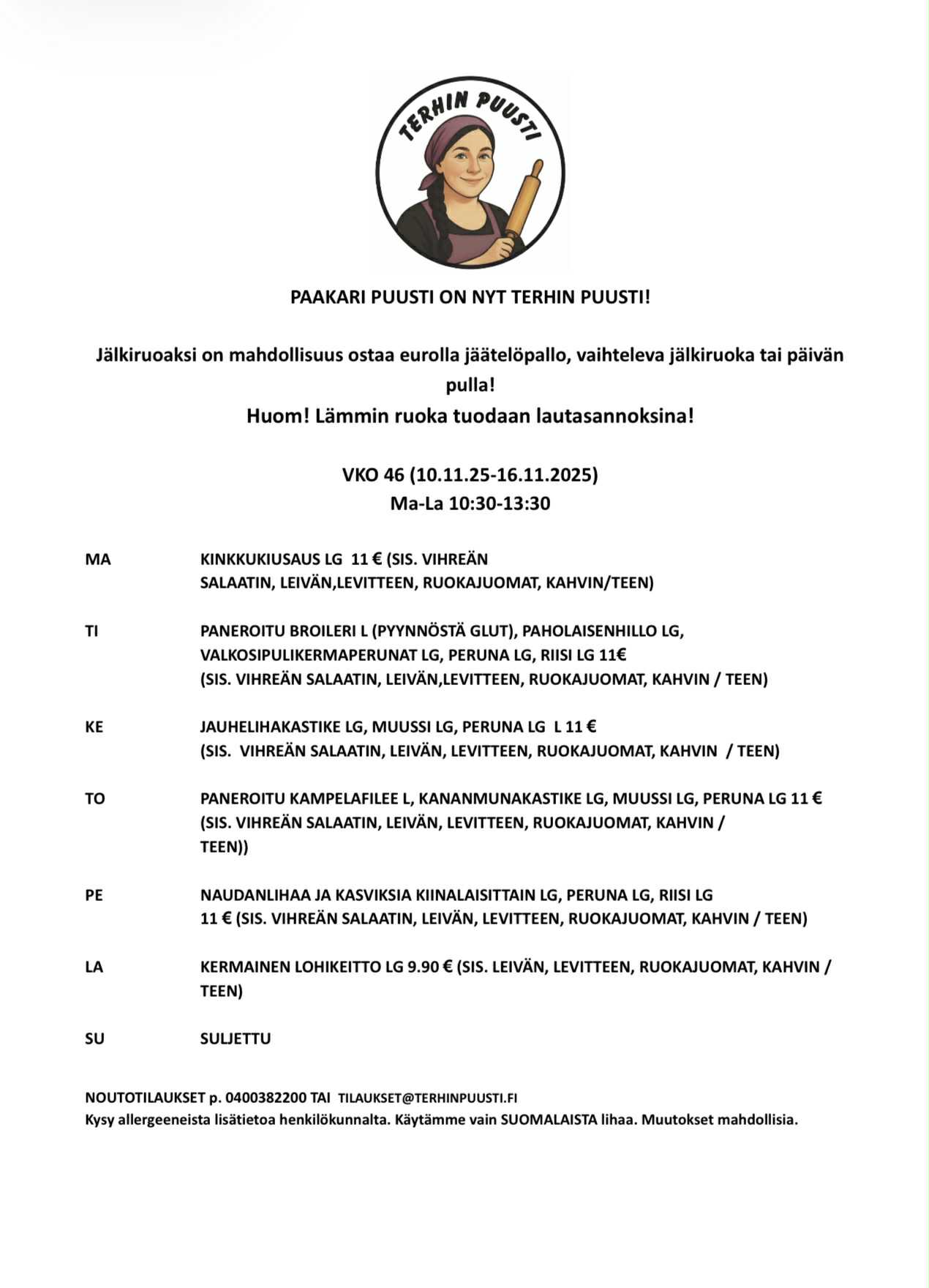 Lounaslista vko 46 2025 Hyvinkää Terhin Puusti