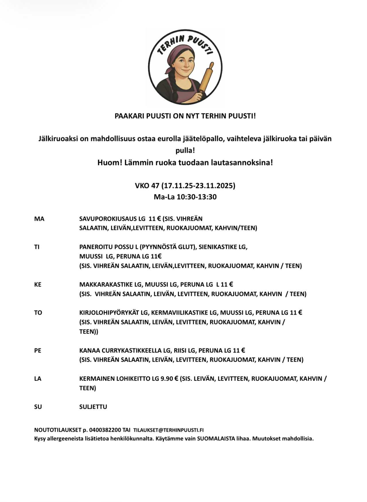 Lounaslista vko 47 2025 Hyvinkää Terhin Puusti