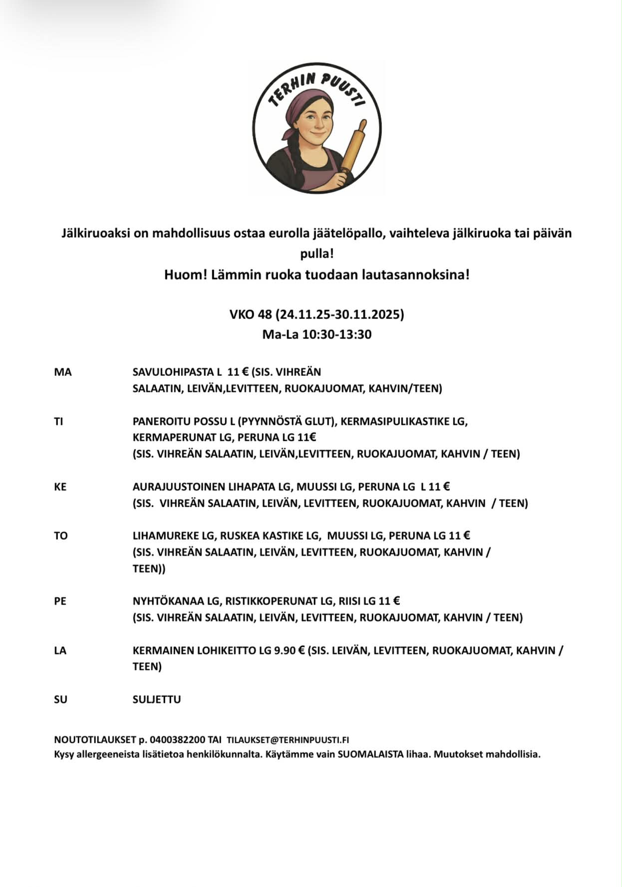 Lounaslista vko 48 2025 Hyvinkää Terhin Puusti
