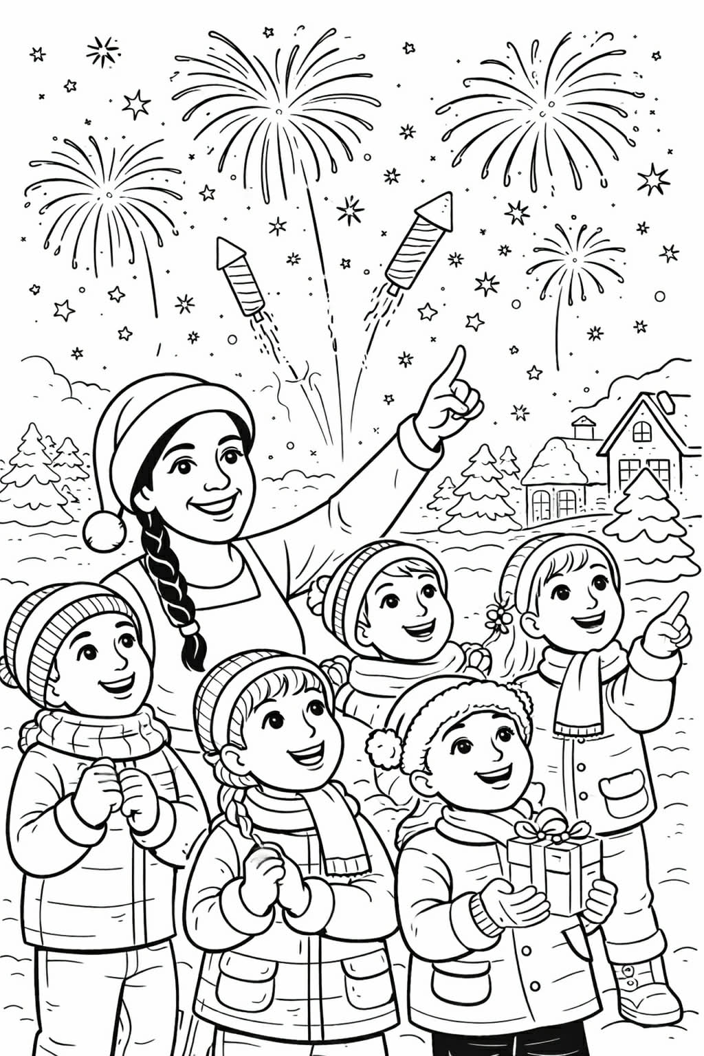 Värityskuvia lapsille uusivuosi 2026 ilotulitus