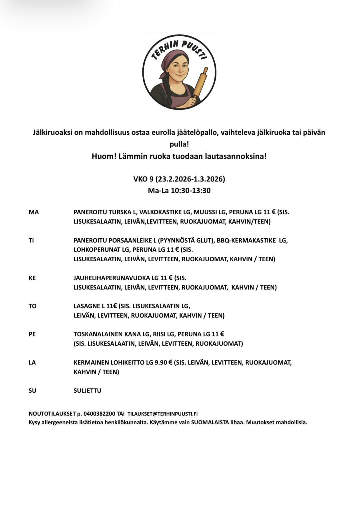 Lounaslista vko 9 2026 Hyvinkää Terhin Puusti