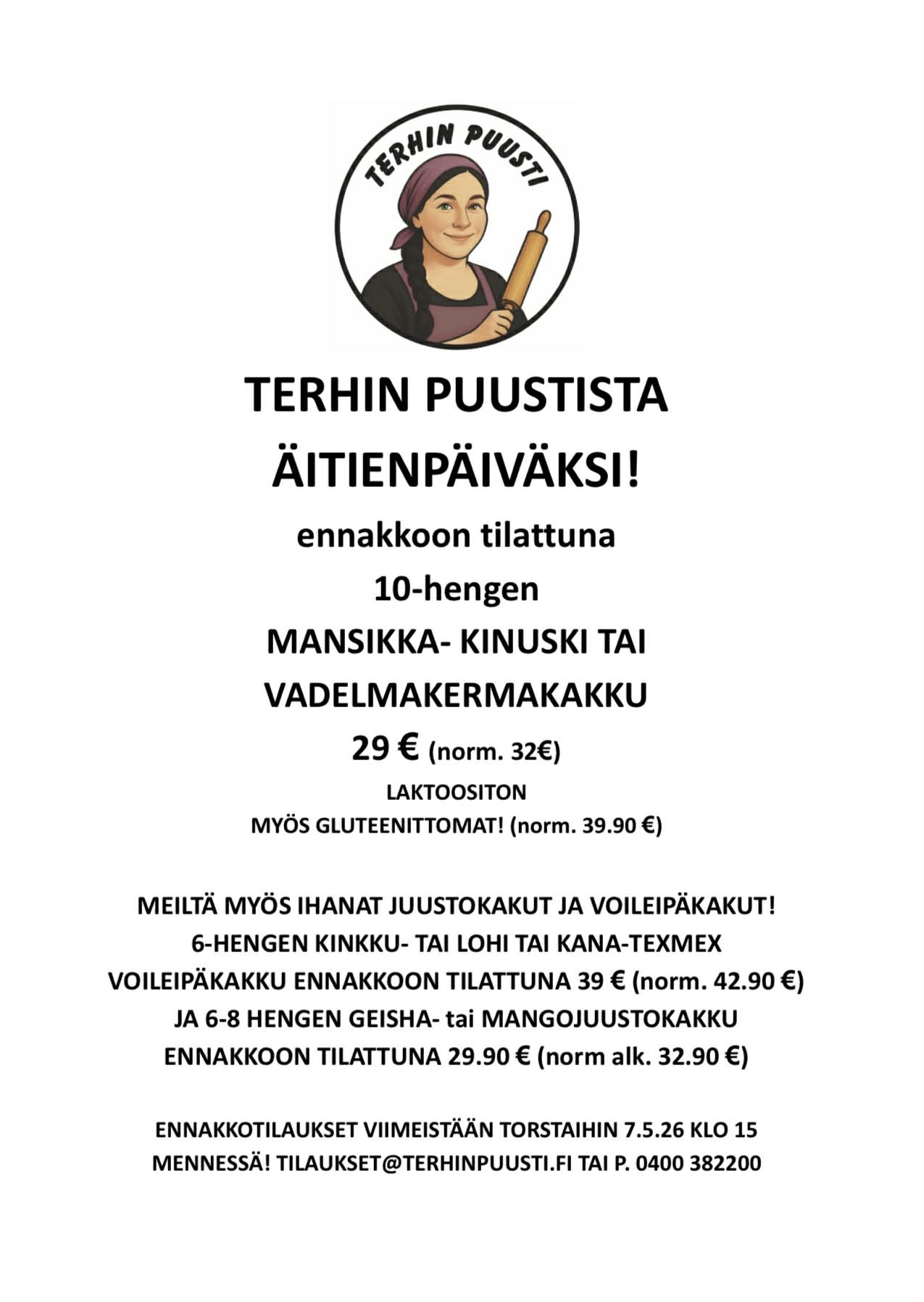 Äitienpäiväksi Terhin Puustista mansikkakakku tai kinuskikakku tai vadelmakakku