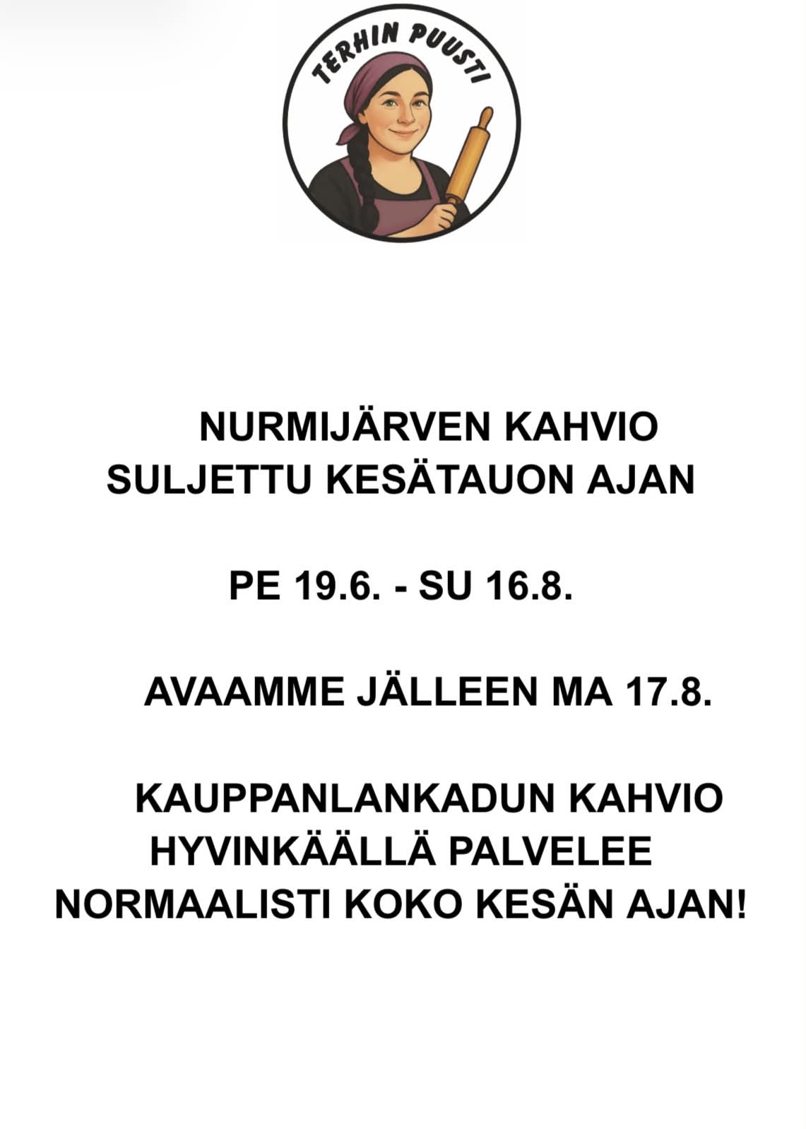 Nurmijärven kahvio suljettu 19.6.-16.8.2026
